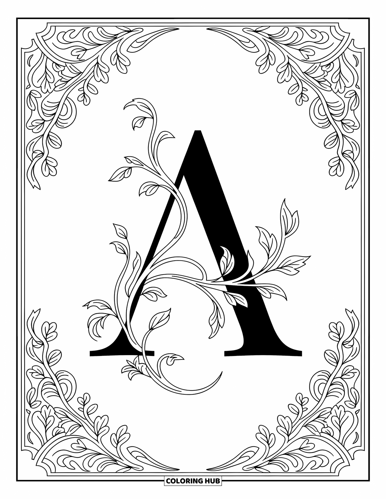 Coloriage de la lettre A pour adultes : Un A botanique enveloppé de vignes délicates et entouré d'élégants motifs floraux