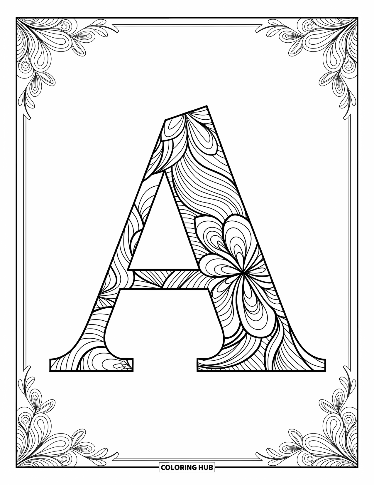 Coloriage de la lettre A pour adultes : Un A décoratif enveloppé dans des mandalas floraux fluides et des motifs feuillus