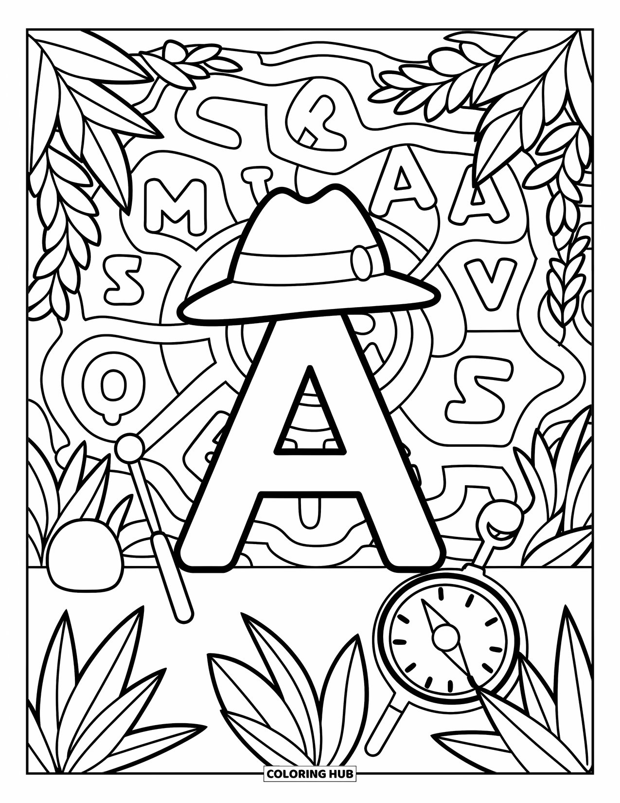 Coloriage de la lettre A pour adultes : L'explorateur A se tient près d'une carte au trésor avec des outils et des lianes en forme de A