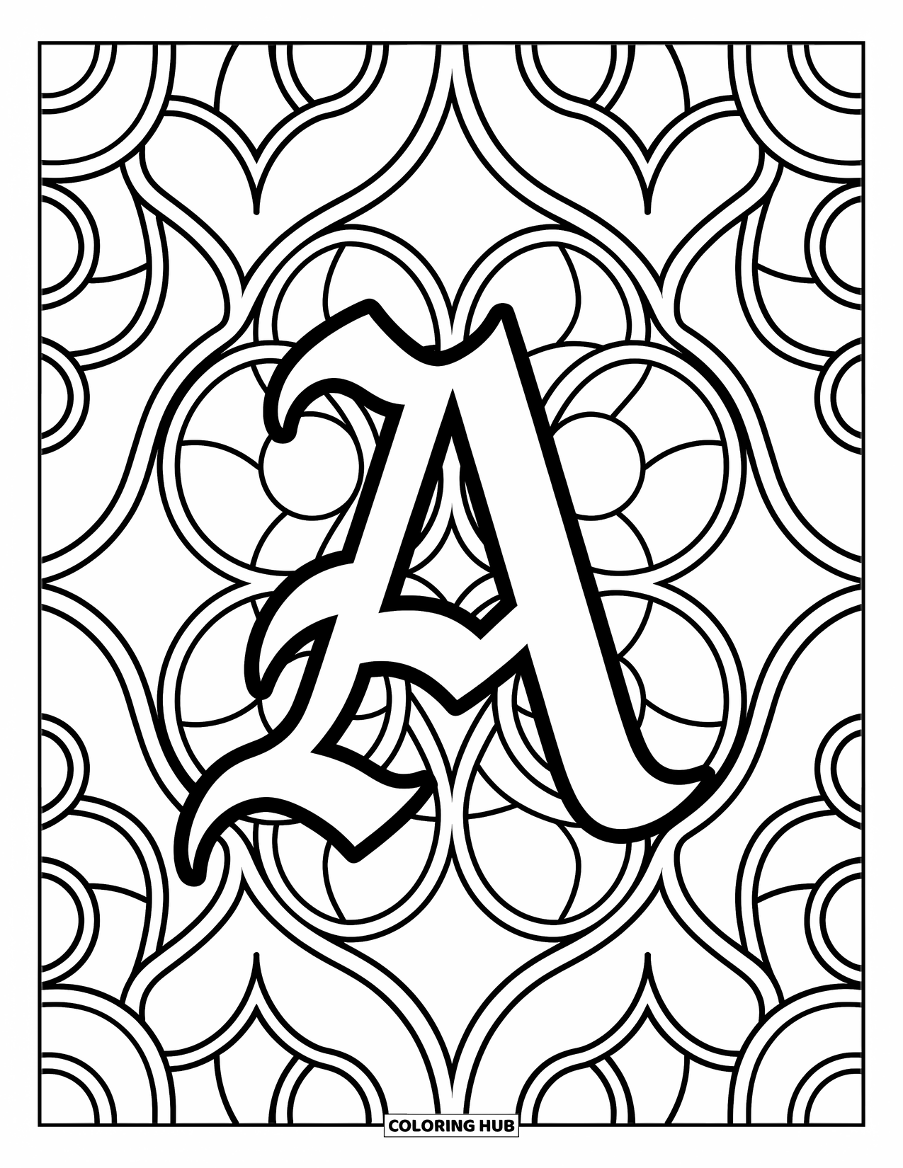 Coloriage de la lettre A pour adultes : Un A de style gothique entouré de formes de vitraux et de motifs décoratifs fluides