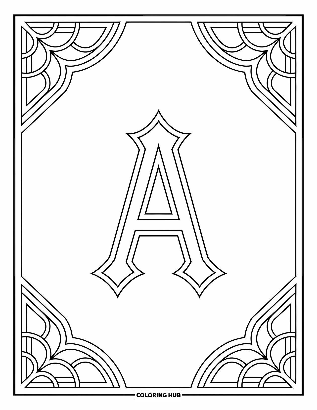 Coloriage de la lettre A pour adultes : Des tourbillons complexes de vitraux tournent doucement autour d'un A de style gothique saisissant