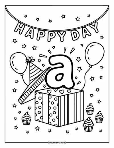Omalovánka s písmenem A pro dospělé: Malé a vyskakuje z dárkové krabice s balónky, cupcaky a transparentem "Happy Day"