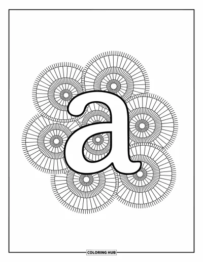 Omalovánka s písmenem A pro dospělé: Malé a se spirálovitými zentangle vzory a jemnými ornamenty v pozadí