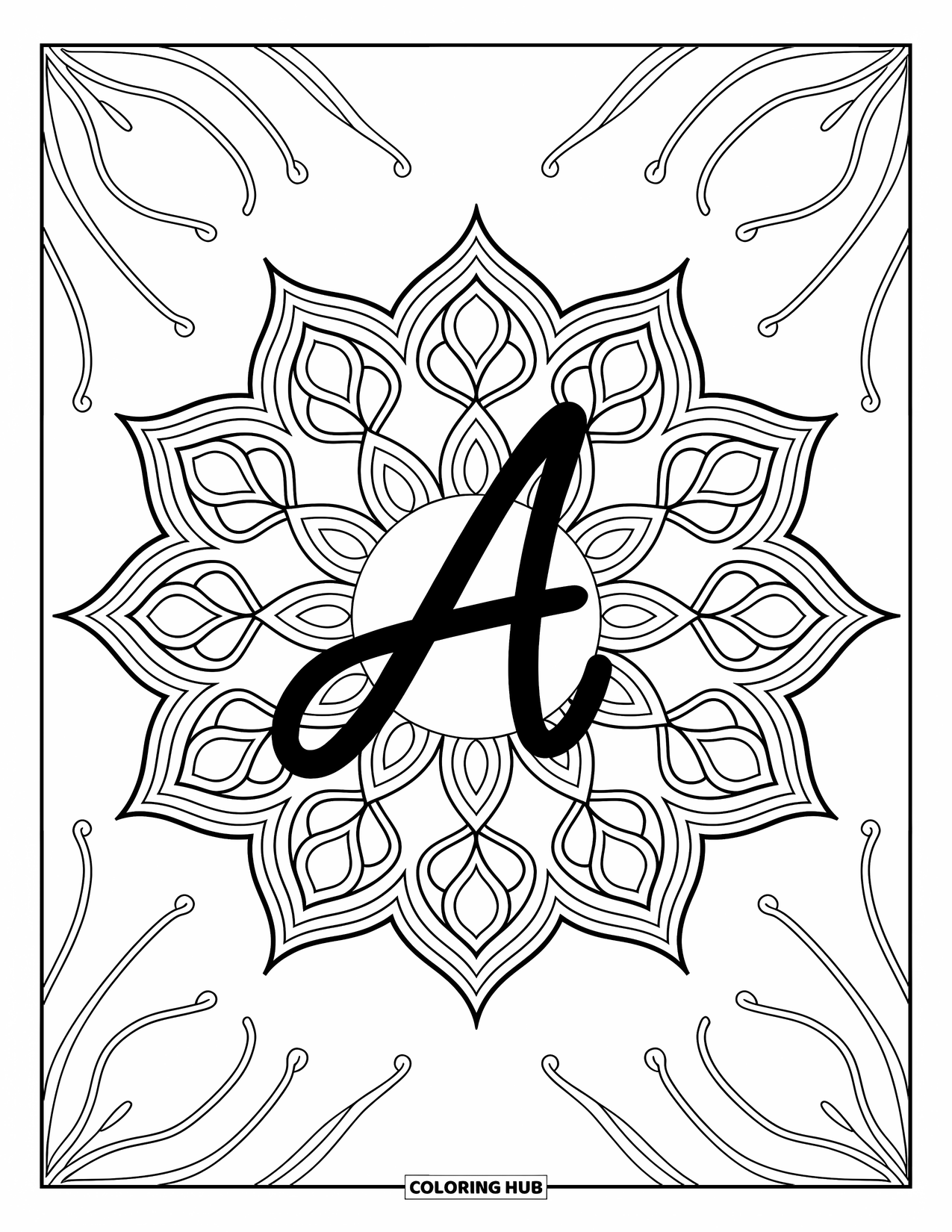 Coloriage de la lettre A pour adultes : Mandala avec un A en script au centre, entouré de lignes complexes et paisibles