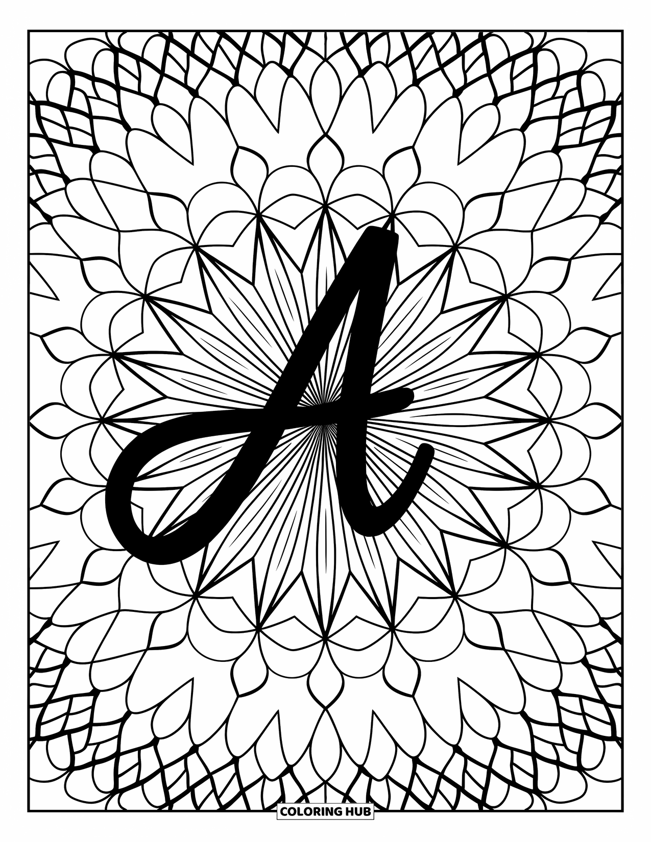 Coloriage de la lettre A pour adultes : Un A en script centré dans un mandala avec des motifs tourbillonnants rayonnant en symétrie détaillée