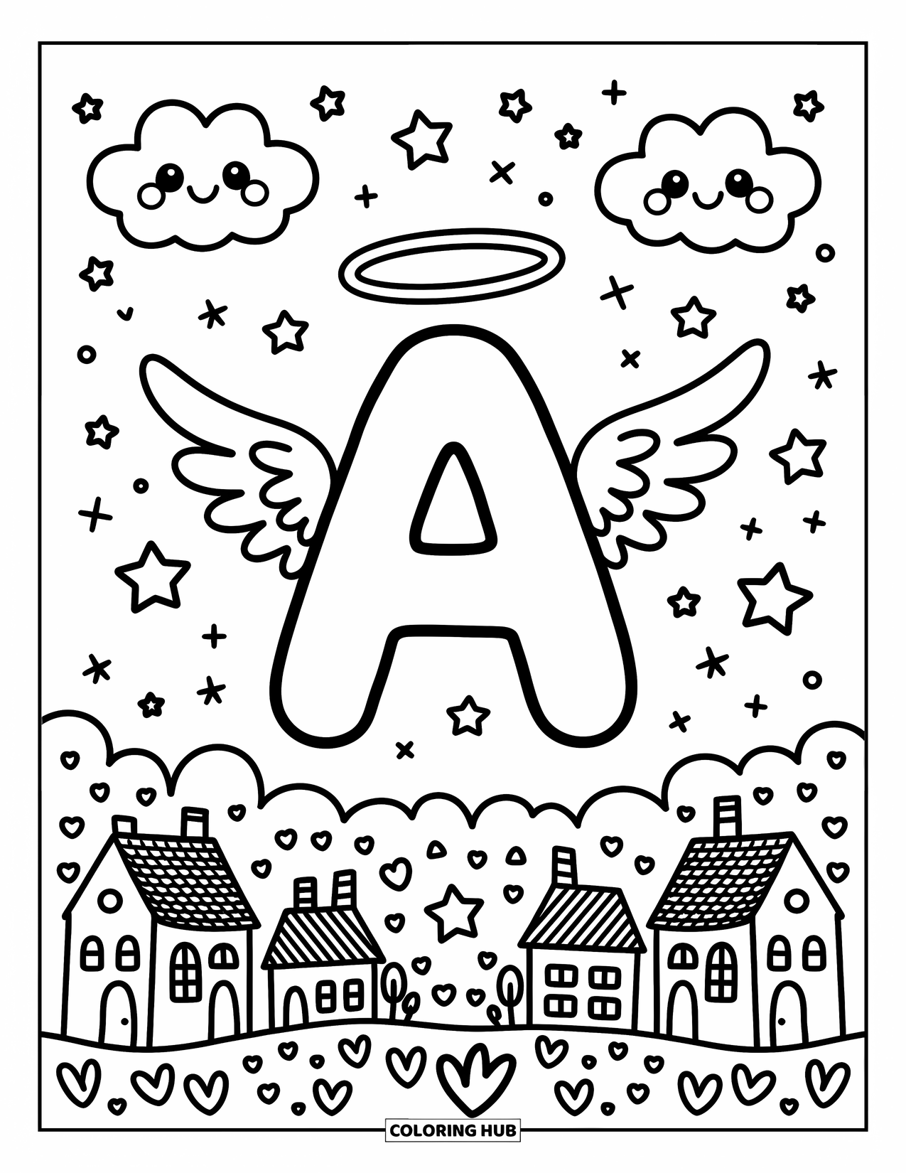 Coloriage de la lettre A pour adultes : La lettre A ailée flotte au-dessus d'un village avec des nuages joyeux et des étoiles scintillantes