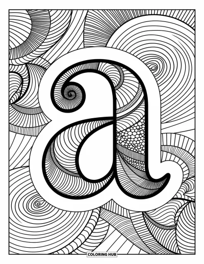 Omalovánka s písmenem A pro dospělé: Zentangle a obklopené spirálami a tečkami, vyplněné uklidňujícími jemnými linkami