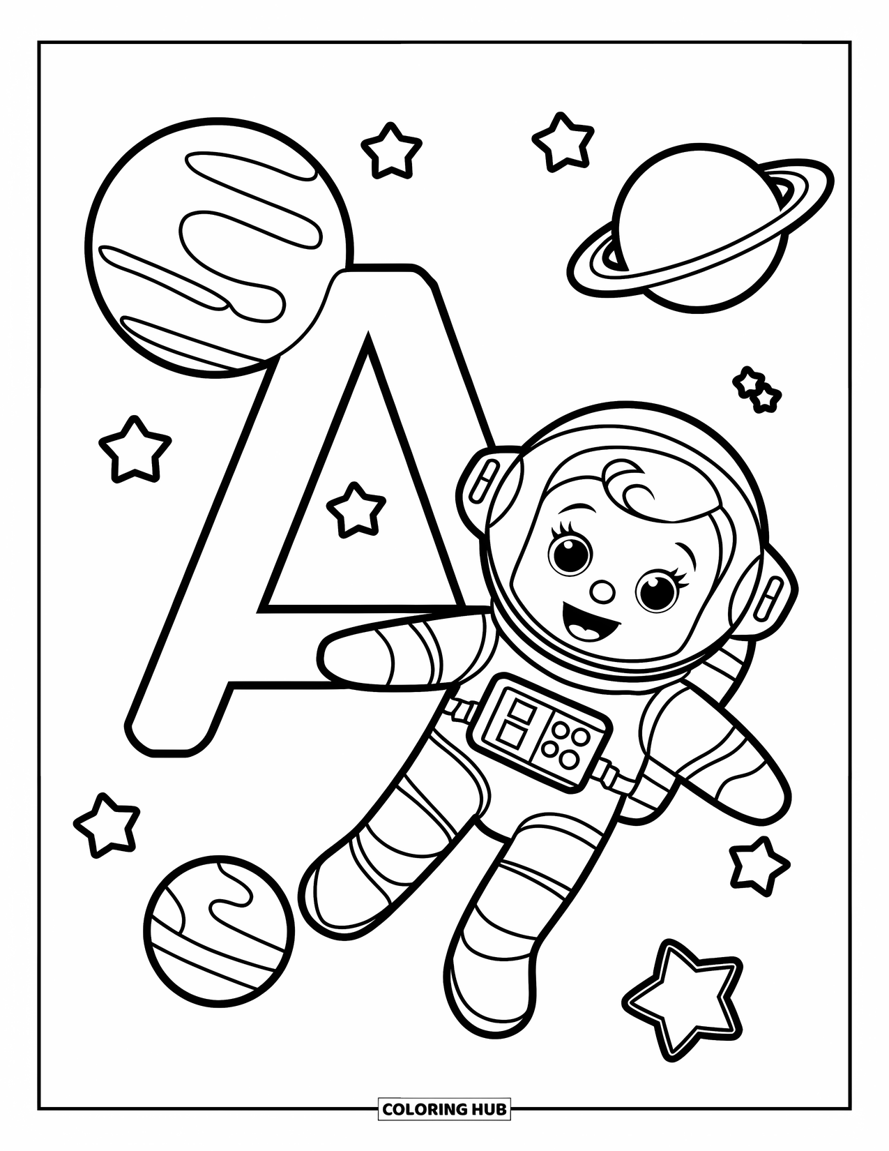 Coloriage Lettre A pour enfants : Un A et un astronaute flottent parmi les étoiles et les planètes amicales