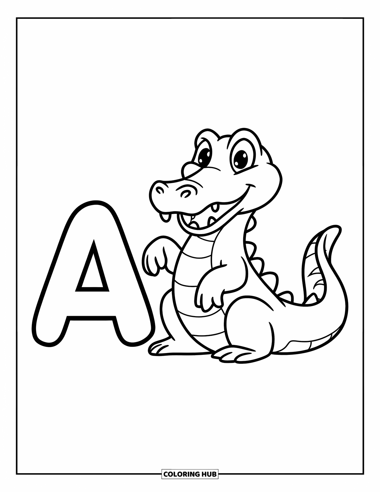 Coloriage Lettre A pour enfants : Un alligator joyeux repose à côté d'un A avec un sourire enjoué et accueillant