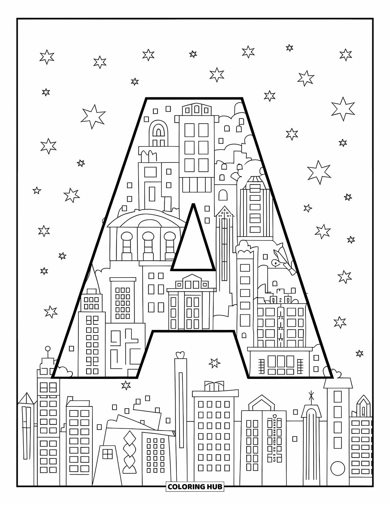 Coloriage Lettre A pour enfants : Un A fait de fenêtres lumineuses se dresse dans un horizon de ville tranquille sous les étoiles