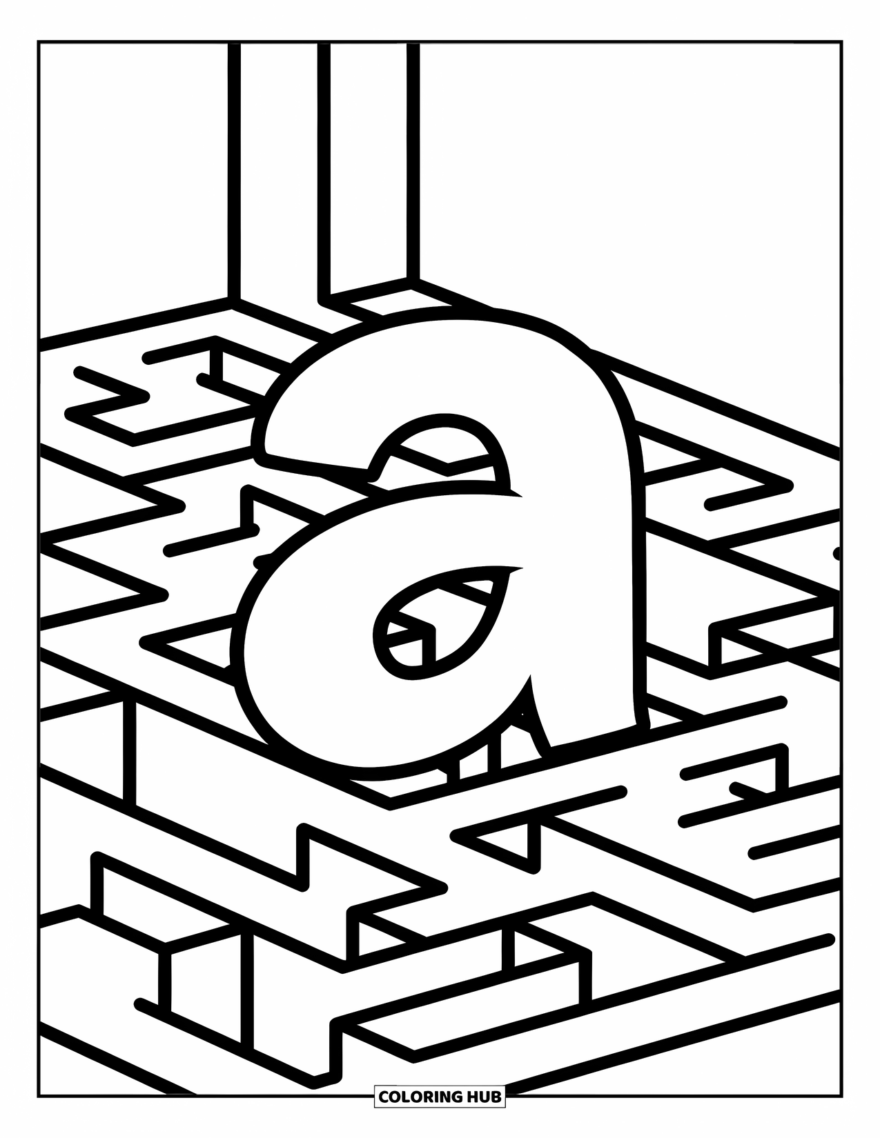 Coloriage Lettre A pour enfants : Un A jette un coup d'œil derrière un labyrinthe haut et tortueux entouré de chemins étroits