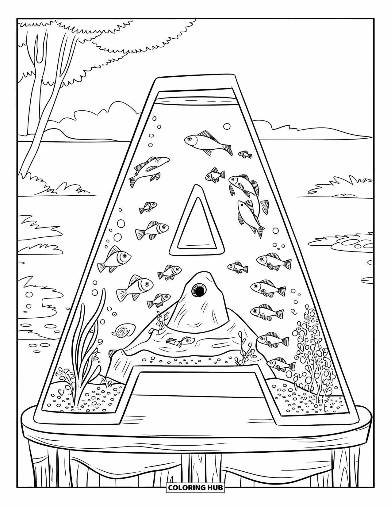 Coloriage Lettre A pour enfants : Un aquarium en forme de A sur un support est rempli de poissons nageant autour d'un rocher