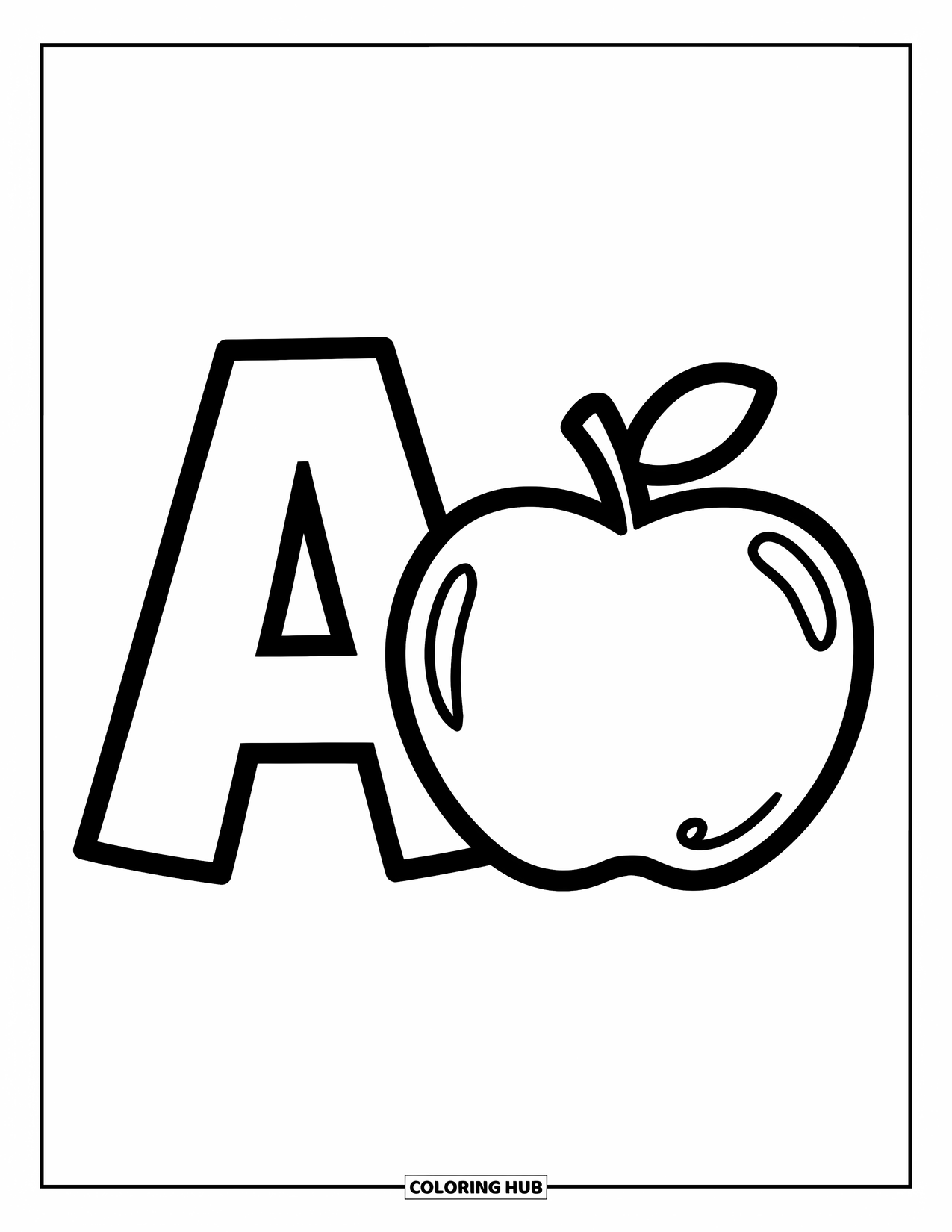 Coloriage Lettre A pour enfants : Un A est assis à côté d'une pomme ronde avec une petite tige douce