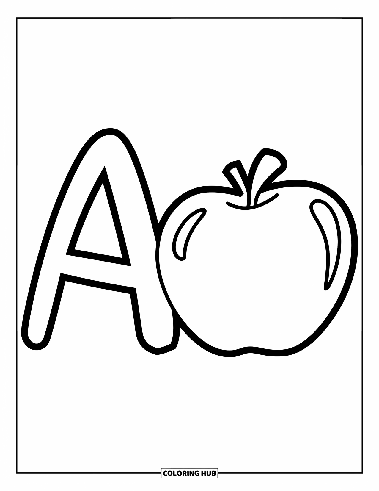 Coloriage Lettre A pour enfants : Un A tourbillonnant se dresse à côté d'une pomme ronde et souriante