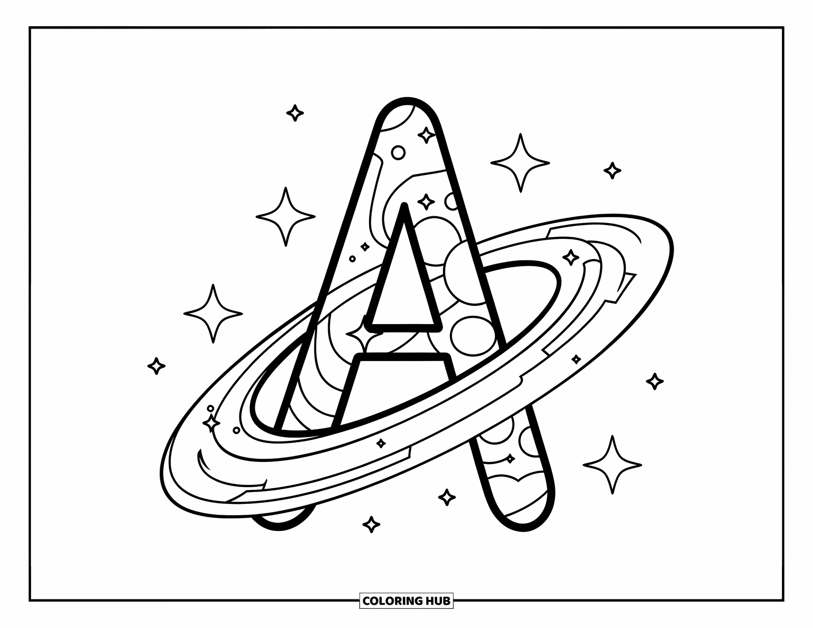 Coloriage Lettre A pour enfants : Une galaxie tourbillonnante tourne autour d'une lettre A dynamique avec des étoiles éparpillées tout autour