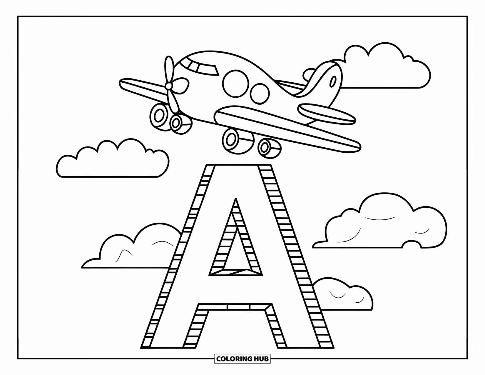 Coloriage Lettre A pour enfants : Un avion avec une petite hélice flotte au-dessus d'un A en briques et de nuages cotonneux