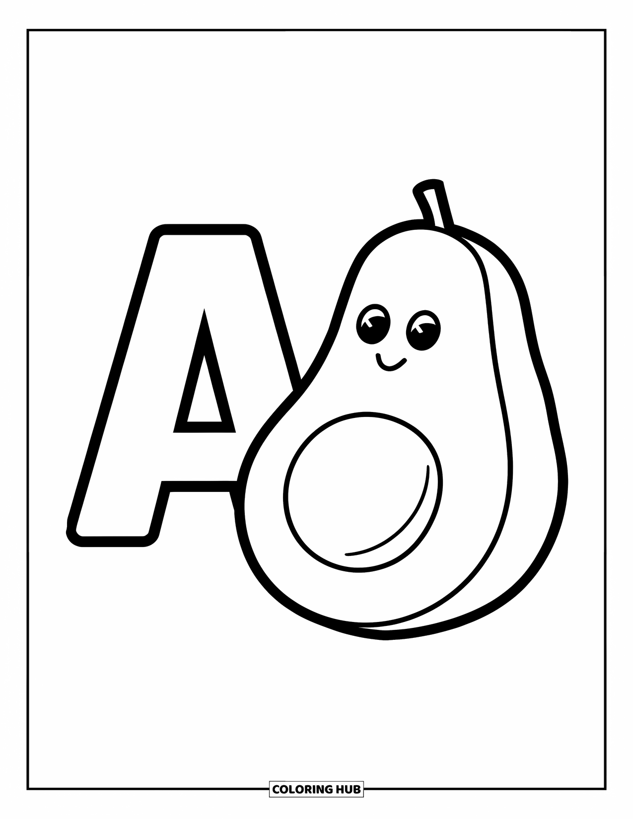Coloriage Lettre A pour enfants : Un avocat potelé avec un visage souriant repose à côté d'une lettre A joyeuse