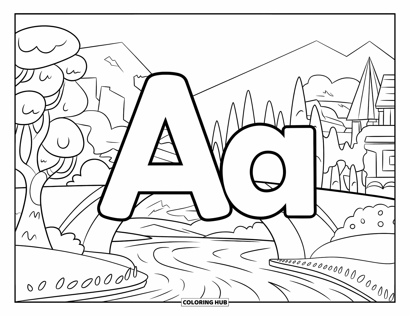 Coloriage Lettre A pour enfants : Un A et un a flottants dérivent au-dessus d'une rivière avec un pont, des bâtiments et des arbres verts