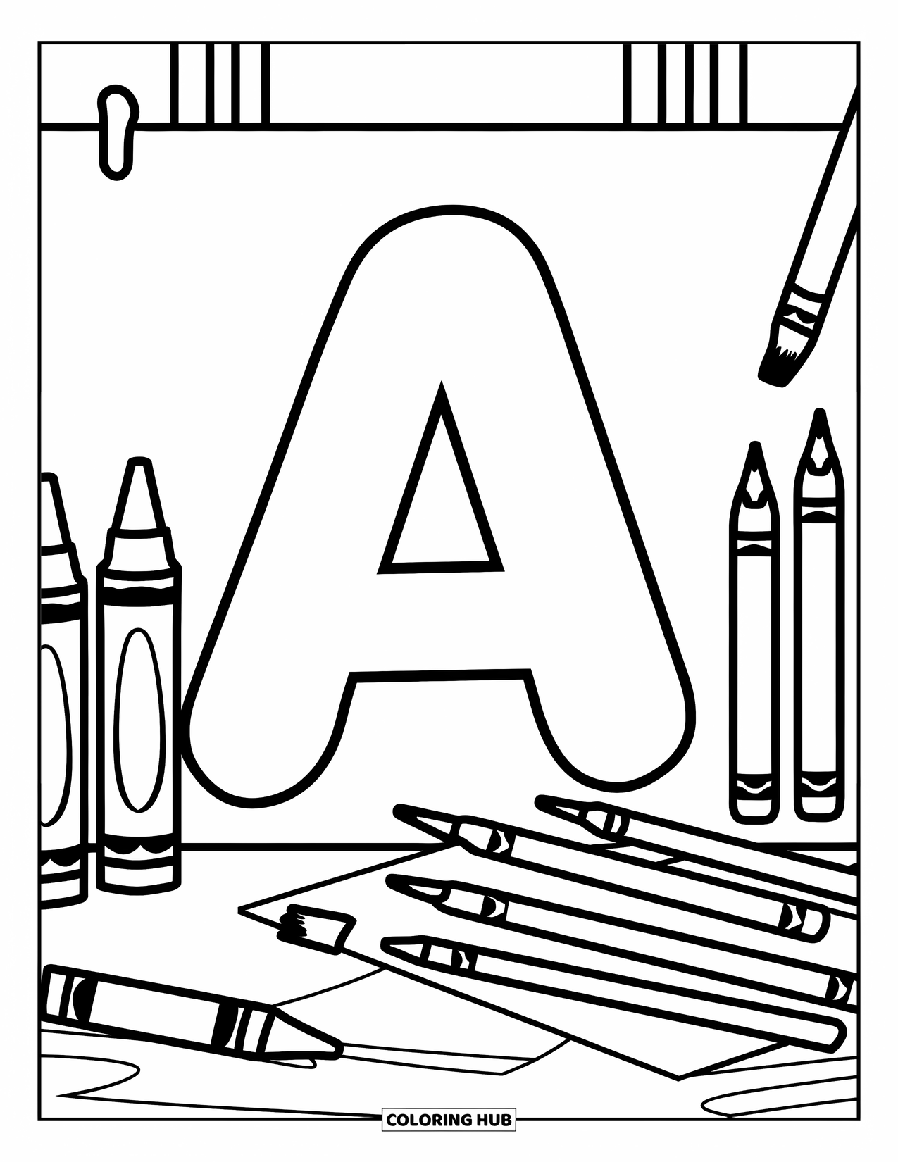 Coloriage Lettre A pour enfants : Un grand A entouré de crayons et de pinceaux sur un fond propre