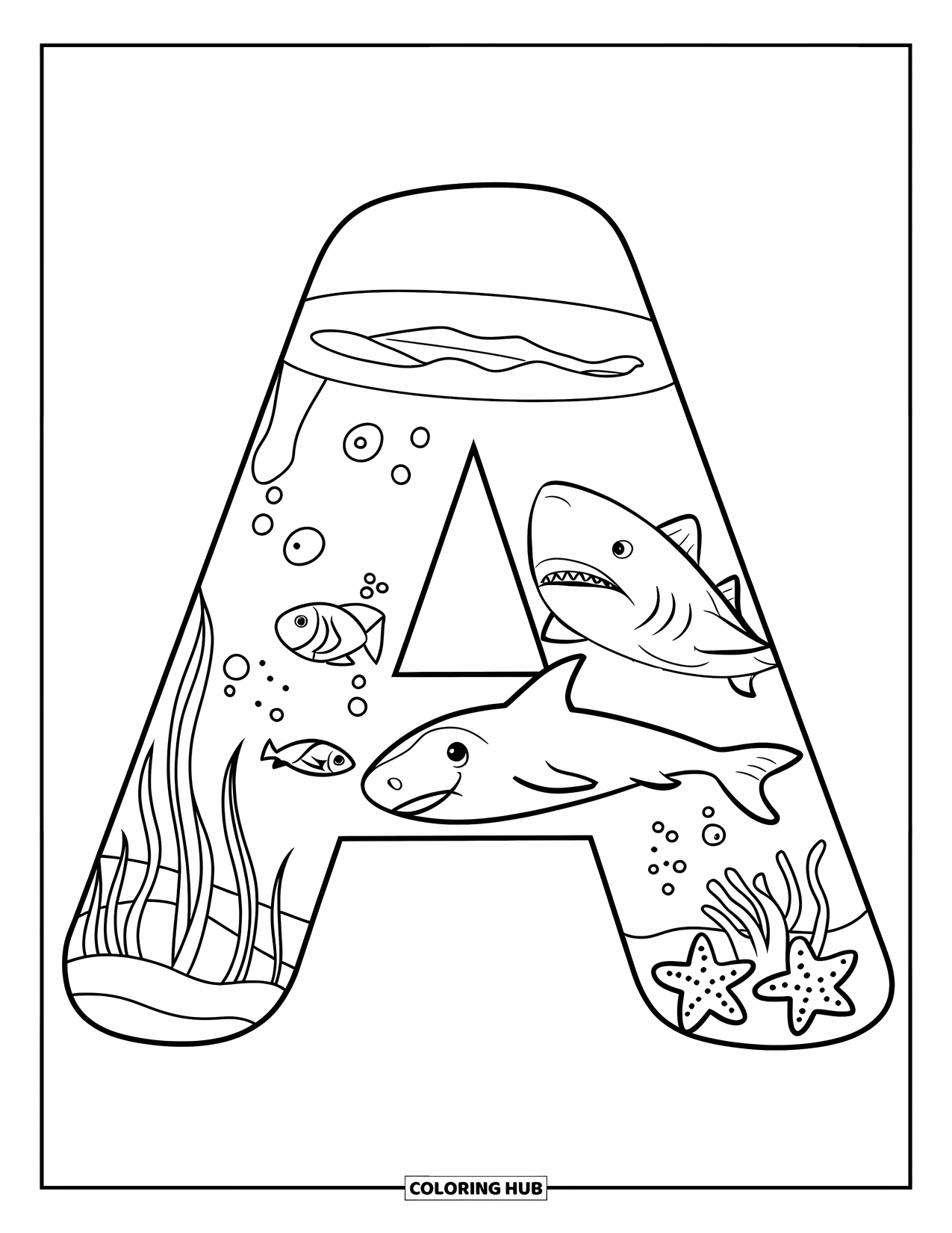 Coloriage Lettre A pour enfants : La lettre A forme un aquarium rempli de créatures marines et de douces vagues