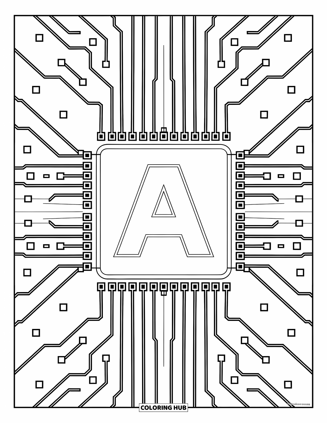 Coloriage Lettre A pour enfants : La lettre A illumine une grille de carte de circuit imprimé connectée par de fins fils et des points