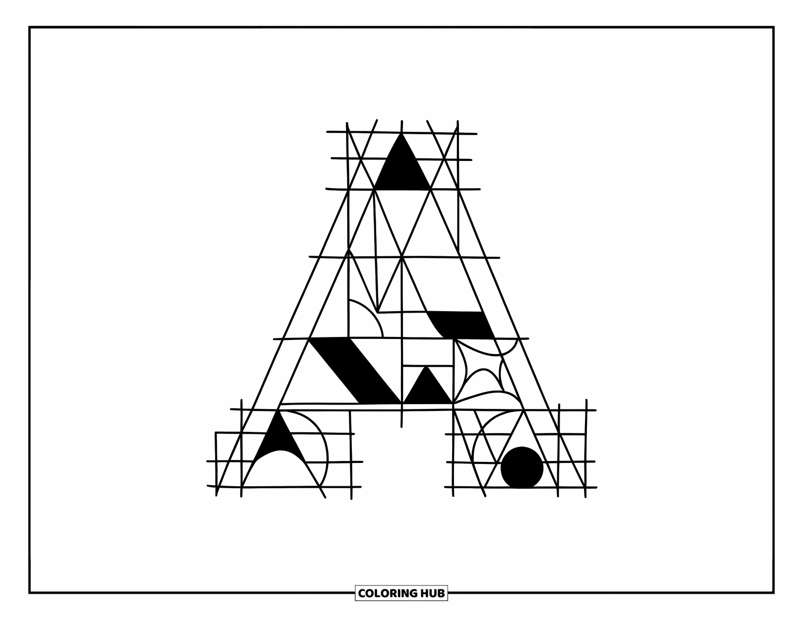 Coloriage Lettre A pour enfants : La lettre A faite de formes amusantes comme des triangles et des cercles repose sur une grille propre