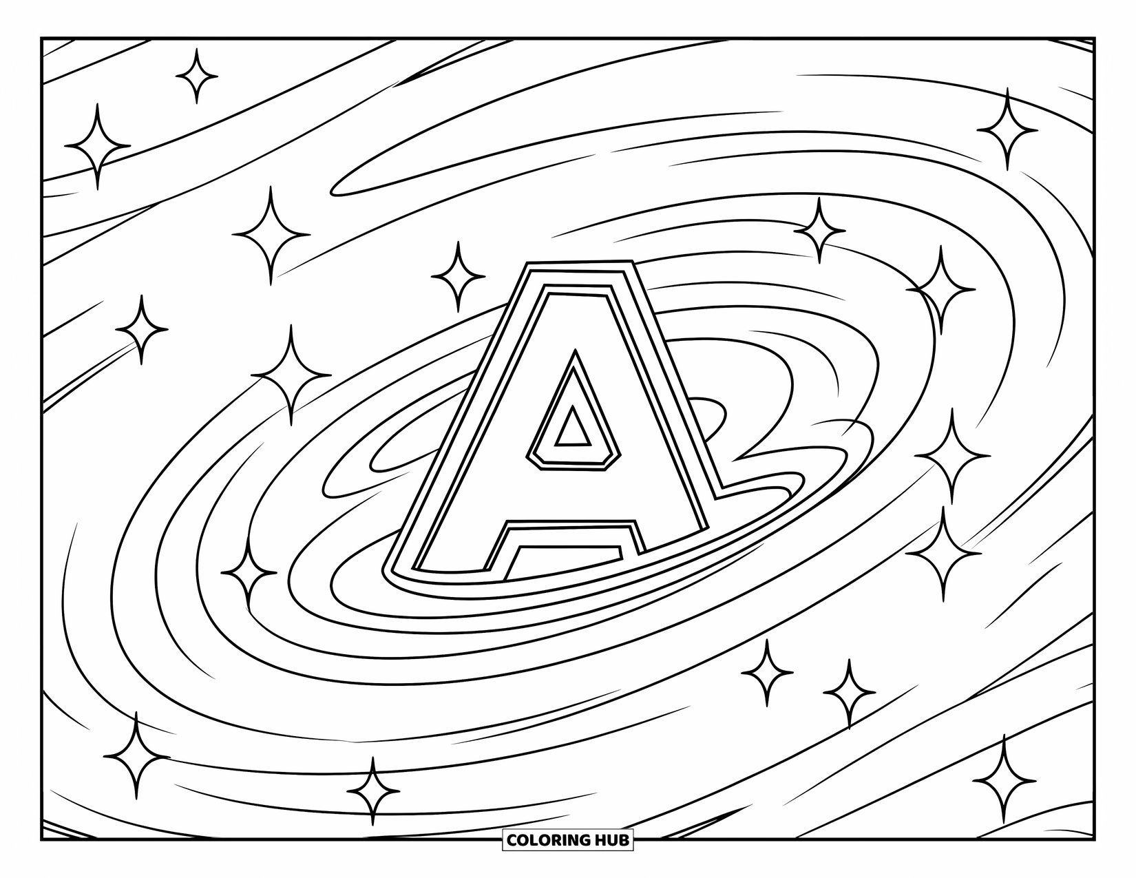 Coloriage Lettre A pour enfants : La lettre A tourbillonne au centre d'une galaxie remplie d'étoiles et d'énergie cosmique
