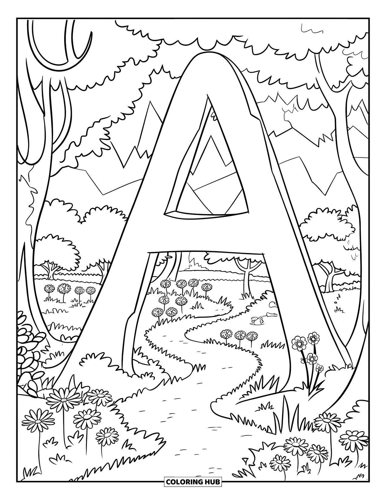 Coloriage Lettre A pour enfants : Un chemin de prairie serpente devant un arbre avec un A sculpté, des fleurs, des animaux et des montagnes