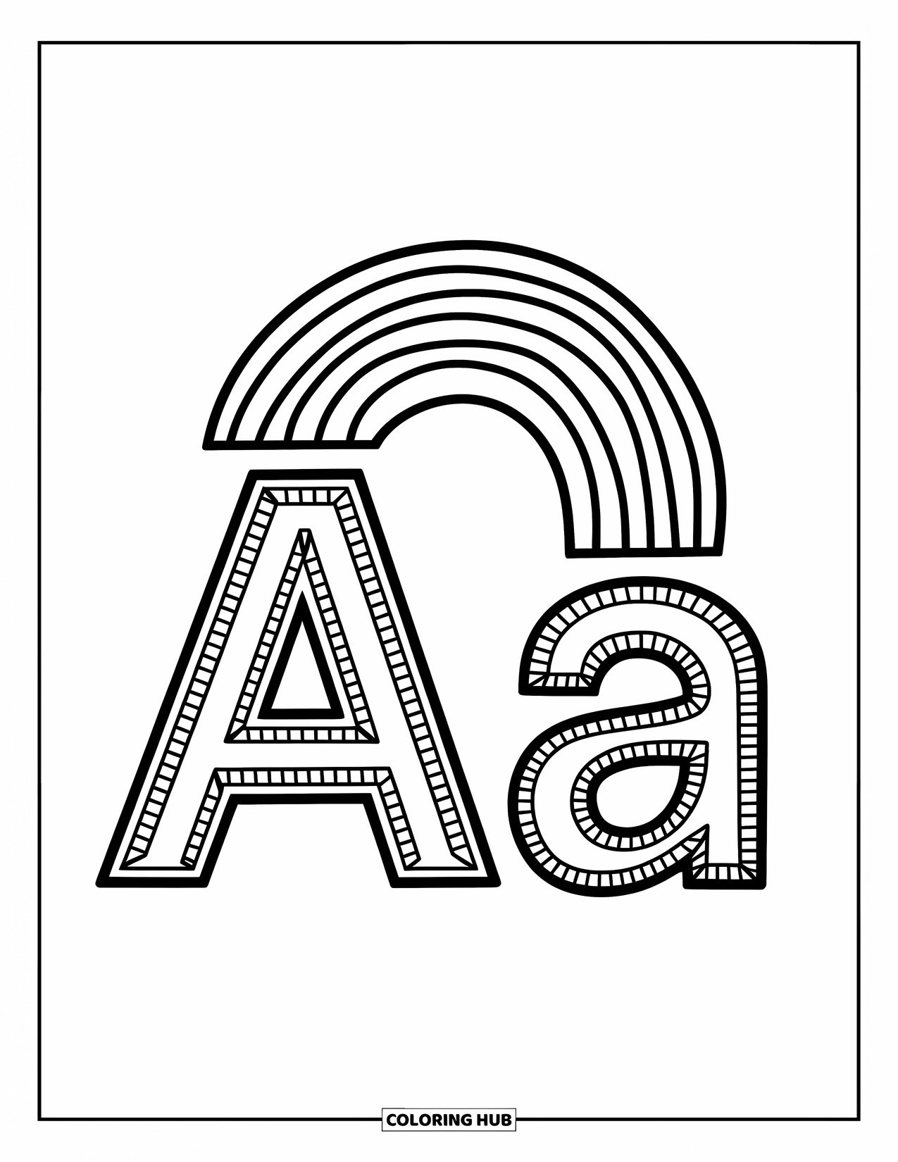 Coloriage Lettre A pour enfants : A à motifs et un stand sous un arc-en-ciel avec des courbes fluides au-dessus