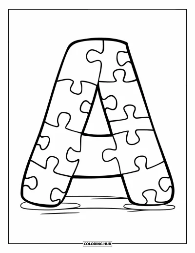 Omalovánka s písmenem A pro děti: A z dílku puzzle sedí na čistém pozadí se zábavnými tvary a jemnými detaily