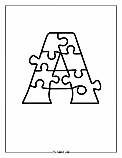Omalovánka s písmenem A pro děti: A z dílku puzzle stojí nad velkým dílkem s nápisem "Made of Puzzle Pieces"