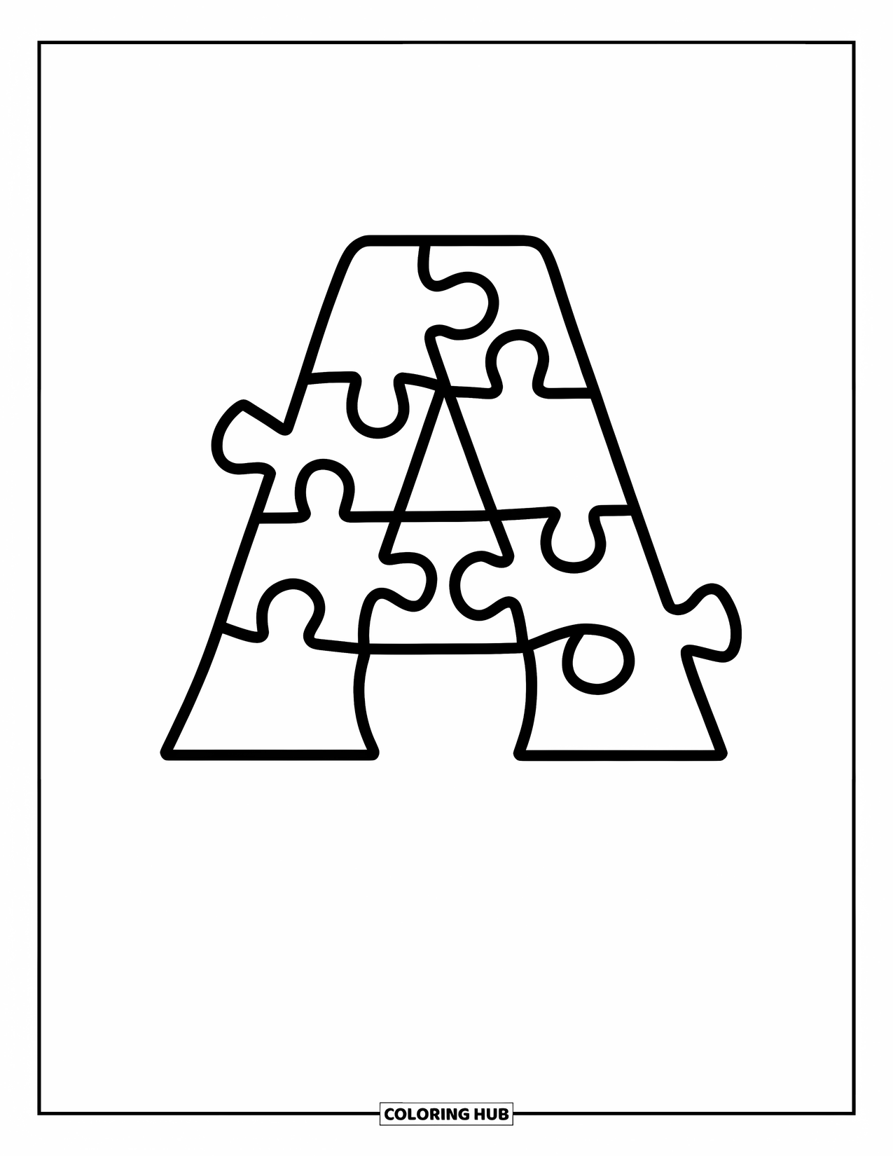 Coloriage Lettre A pour enfants : Un A en pièce de puzzle se dresse au-dessus d'une grande pièce avec les mots « Fait de pièces de puzzle »