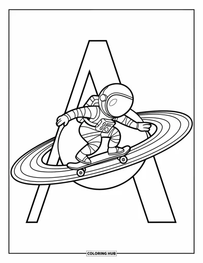 Omalovánka s písmenem A pro děti: Stylizované A drží skateboardujícího astronauta jedoucího po plovoucím planetárním prstenci