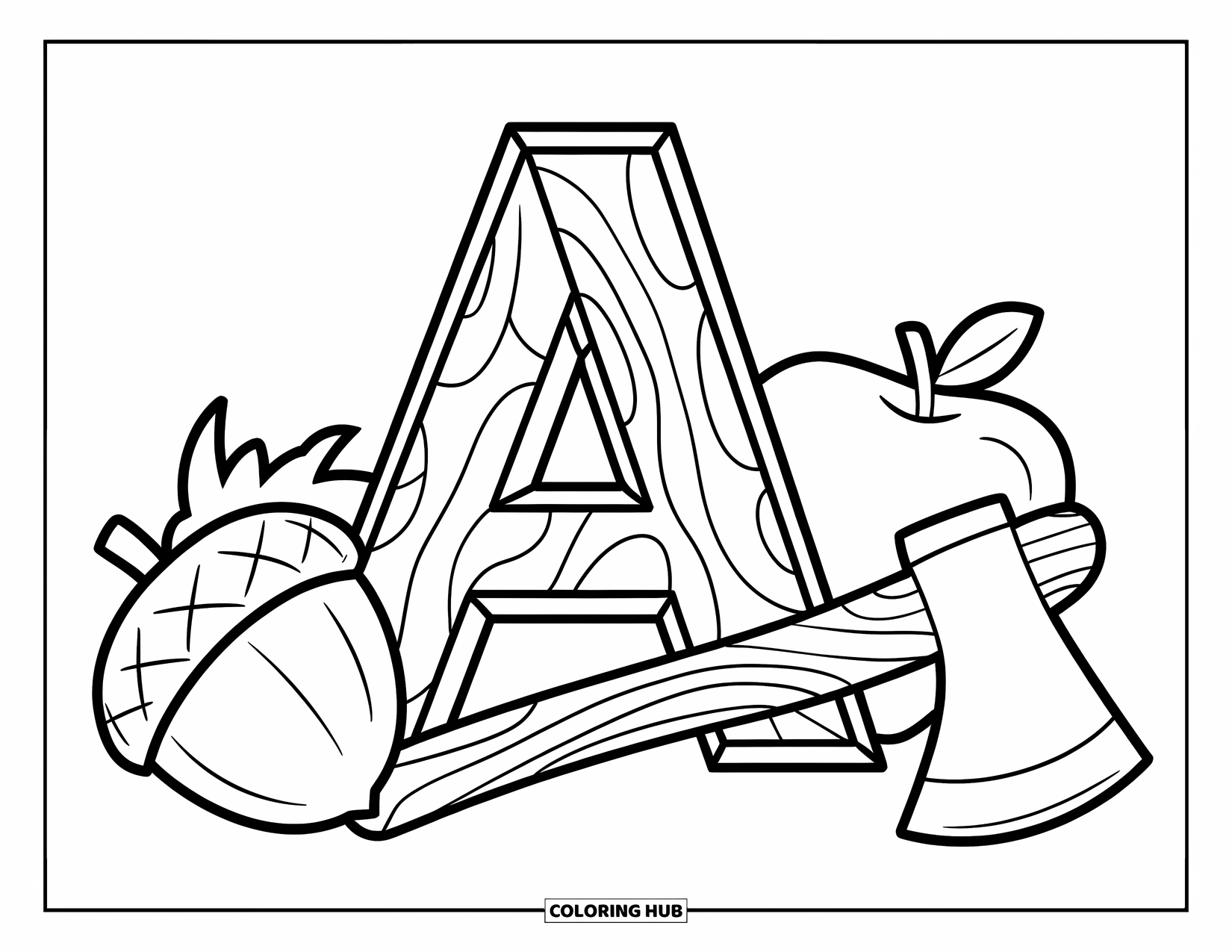 Coloriage Lettre A pour enfants : Un A en bois avec des détails de grain est encadré par une pomme, une hache et un gland