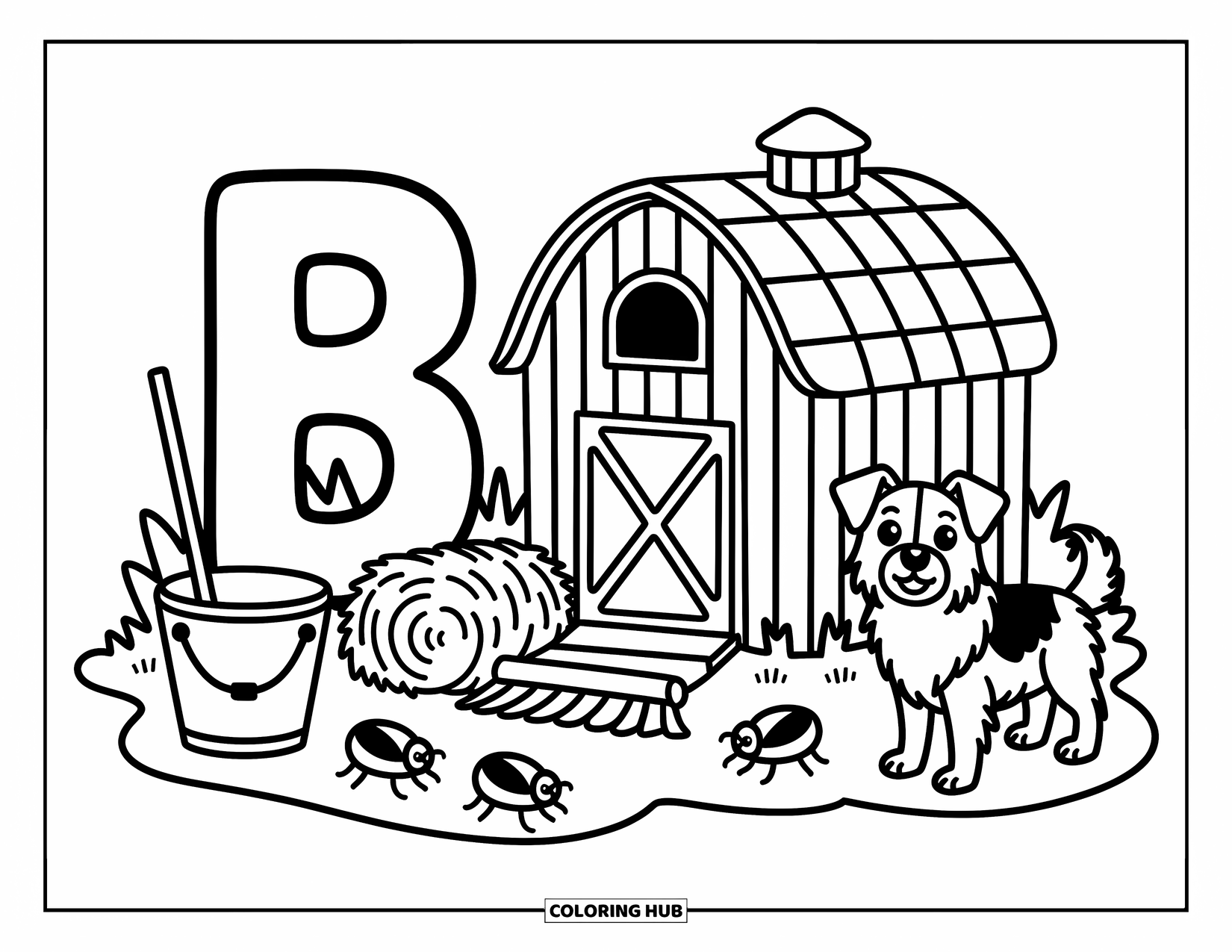 Letter B Coloring Page for Adults: A big "B" stands by a barn with a bale of hay, broom, and border collie