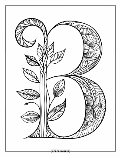 Omalovánka písmene B pro dospělé: Botanické zentangle B s křivkou připomínající stonek a listnatými detaily