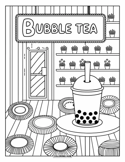 Omalovánka písmene B pro dospělé: Cedule bubble tea kavárny ve tvaru “B” s bubble tea šálky a bohémskými polštáři