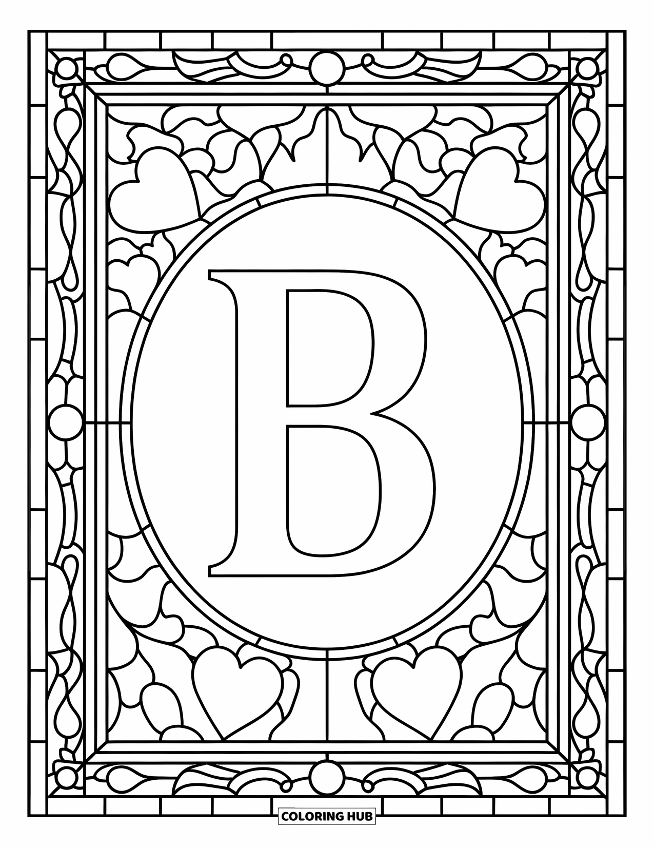 Letter B Coloring Page for Adults: A decorative frame of stained glass hearts and vines surrounds a central letter B