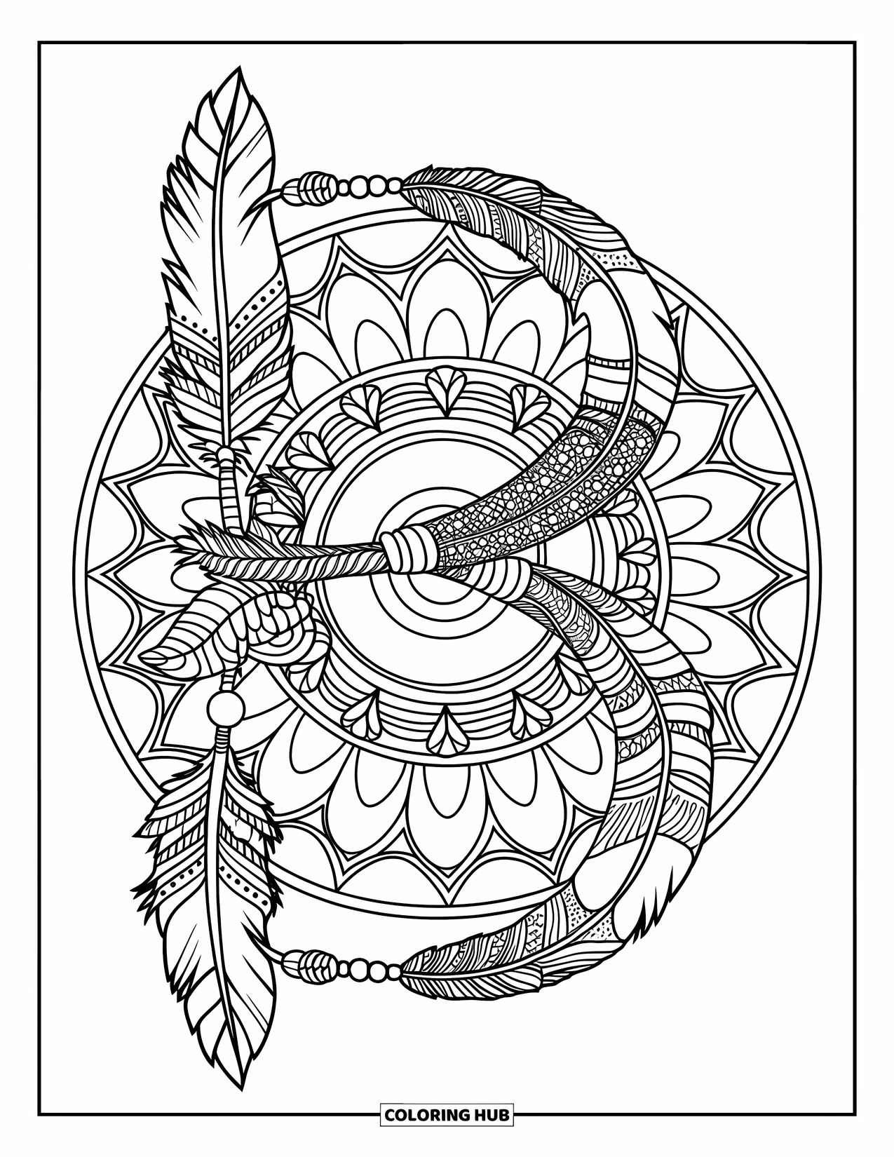 Letter B Coloring Page for Adults: Boho-inspired B made of feathers and fabric, with a mandala background