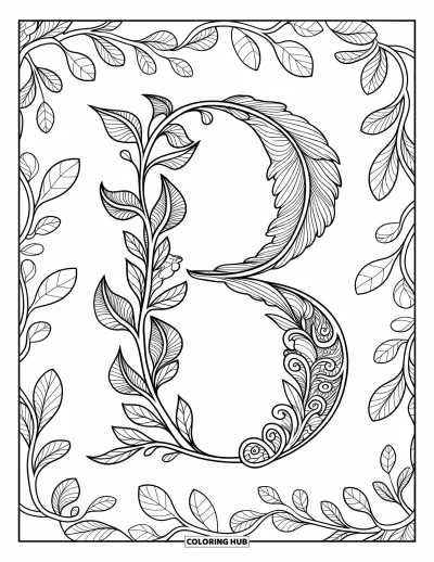 Omalovánka písmene B pro dospělé: Křivkové zentangle B z vírových popínavých rostlin a listnatého pozadí