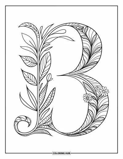 Omalovánka písmene B pro dospělé: Květinové zentangle B s kadeřavými ornamenty a ostrými černými obrysy