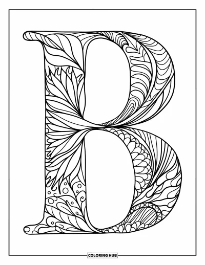 Omalovánka písmene B pro dospělé: B ve stylu zentangle s propracovanými vzory listů a květin uvnitř čistých obrysů