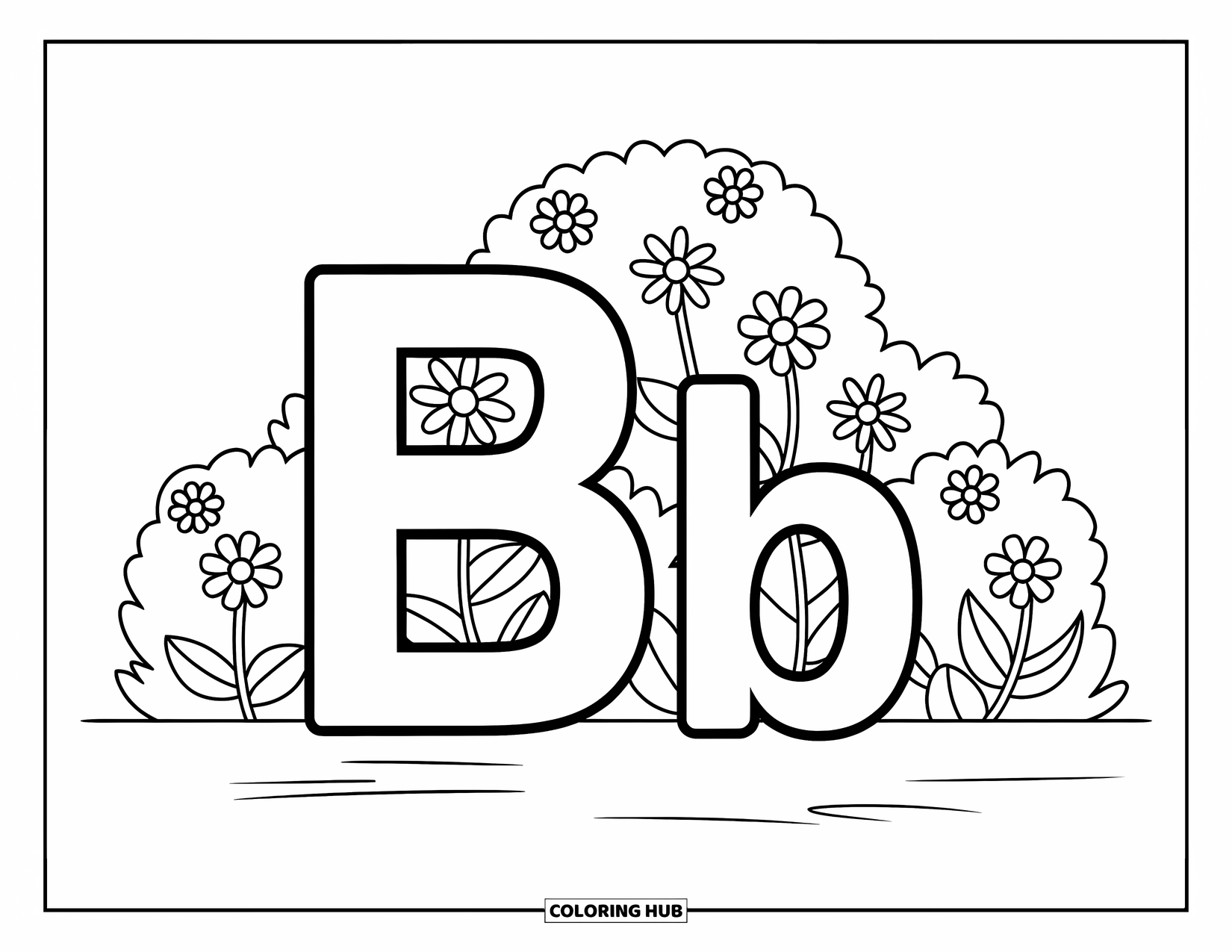 Letter B Coloring Page for Kids: B and b set against bushes with blooming flower variety
