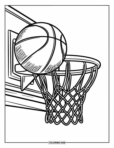 Omalovánka písmene B pro děti: Basketbalový míč letí k obroučce s texturovanou sítí a čistými liniemi