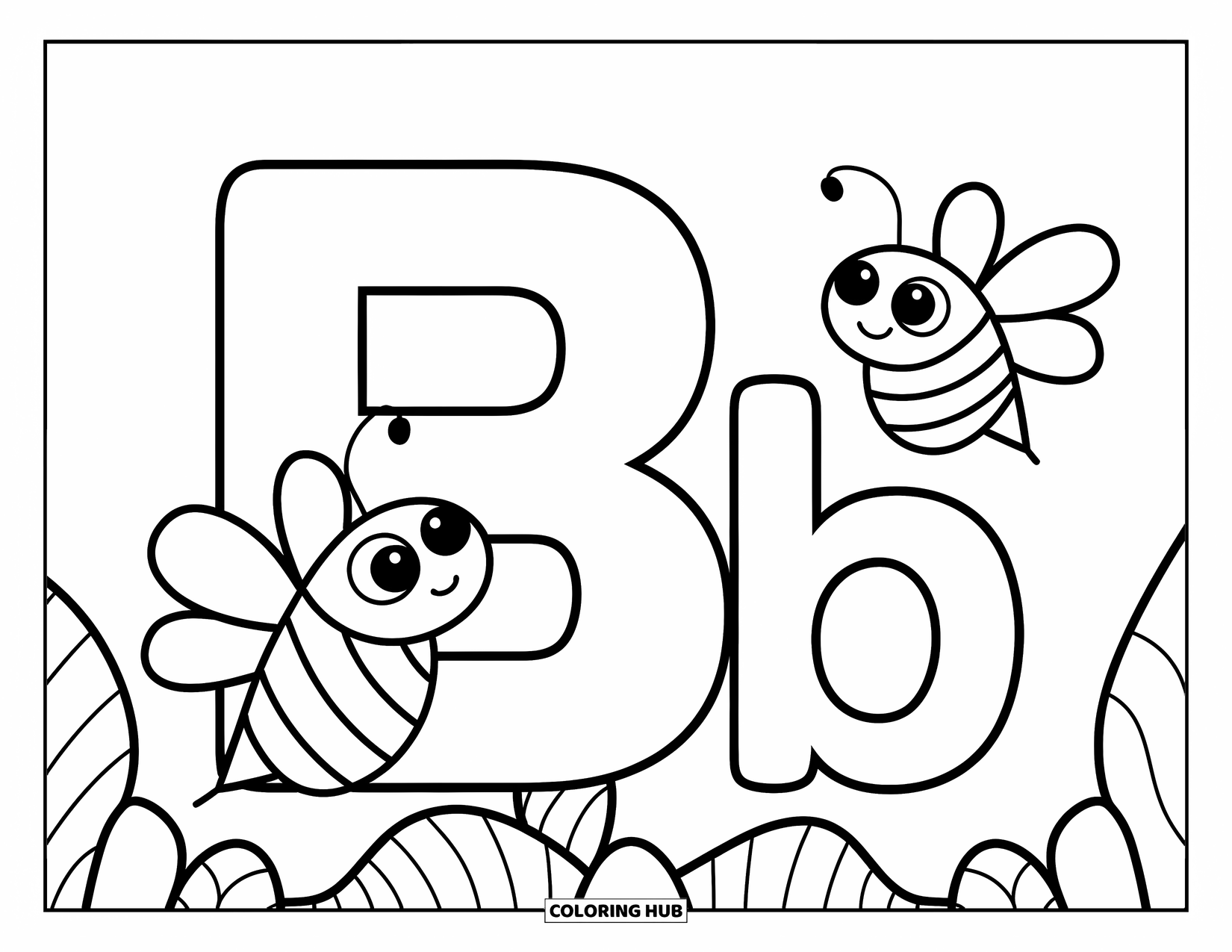 Letter B Coloring Page for Kids: Bee buzzing around playful uppercase B and lowercase b