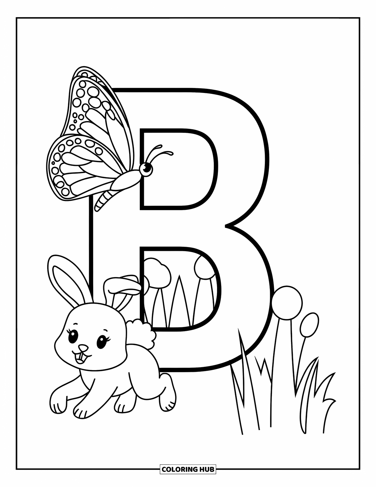 Letter B Coloring Page for Kids: Butterfly landing on letter B while a bunny hops nearby