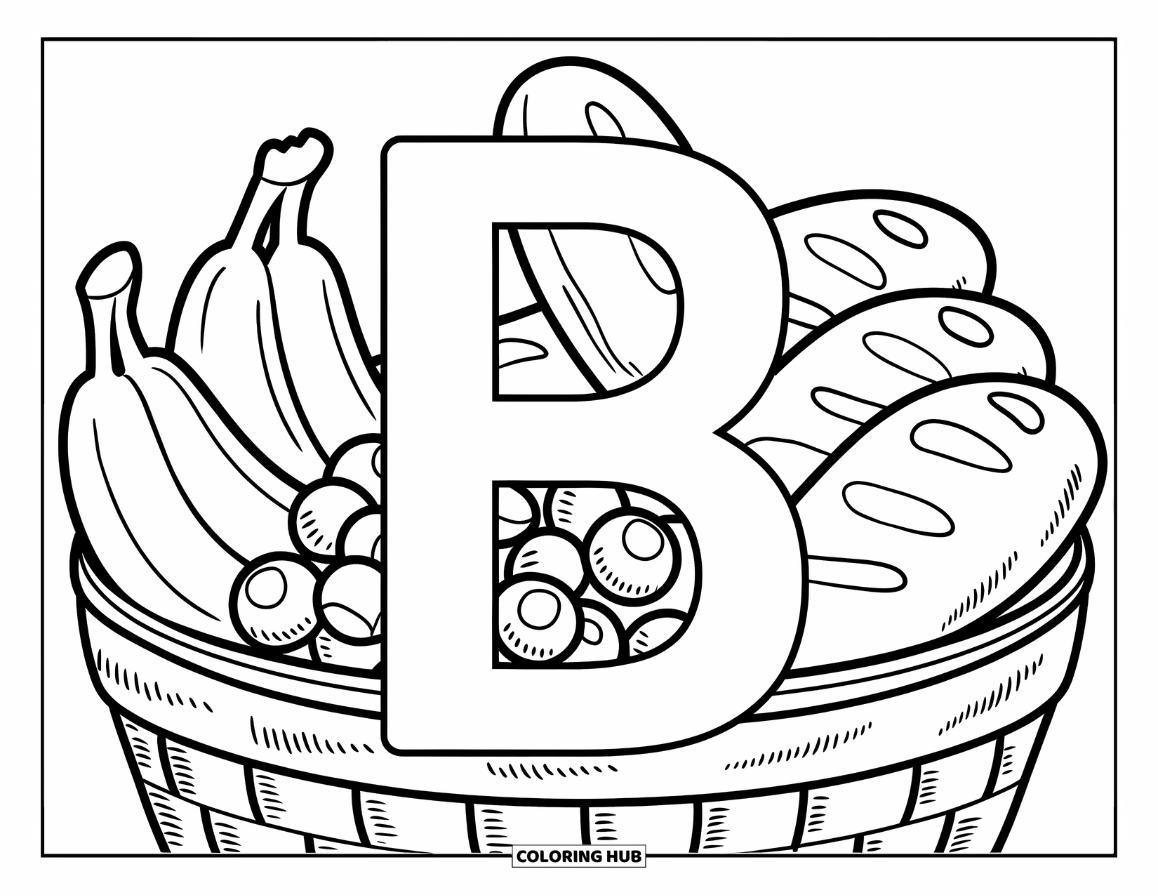 Letter B Coloring Page for Kids: Letter B surrounded by basket of bananas, blueberries, and bread