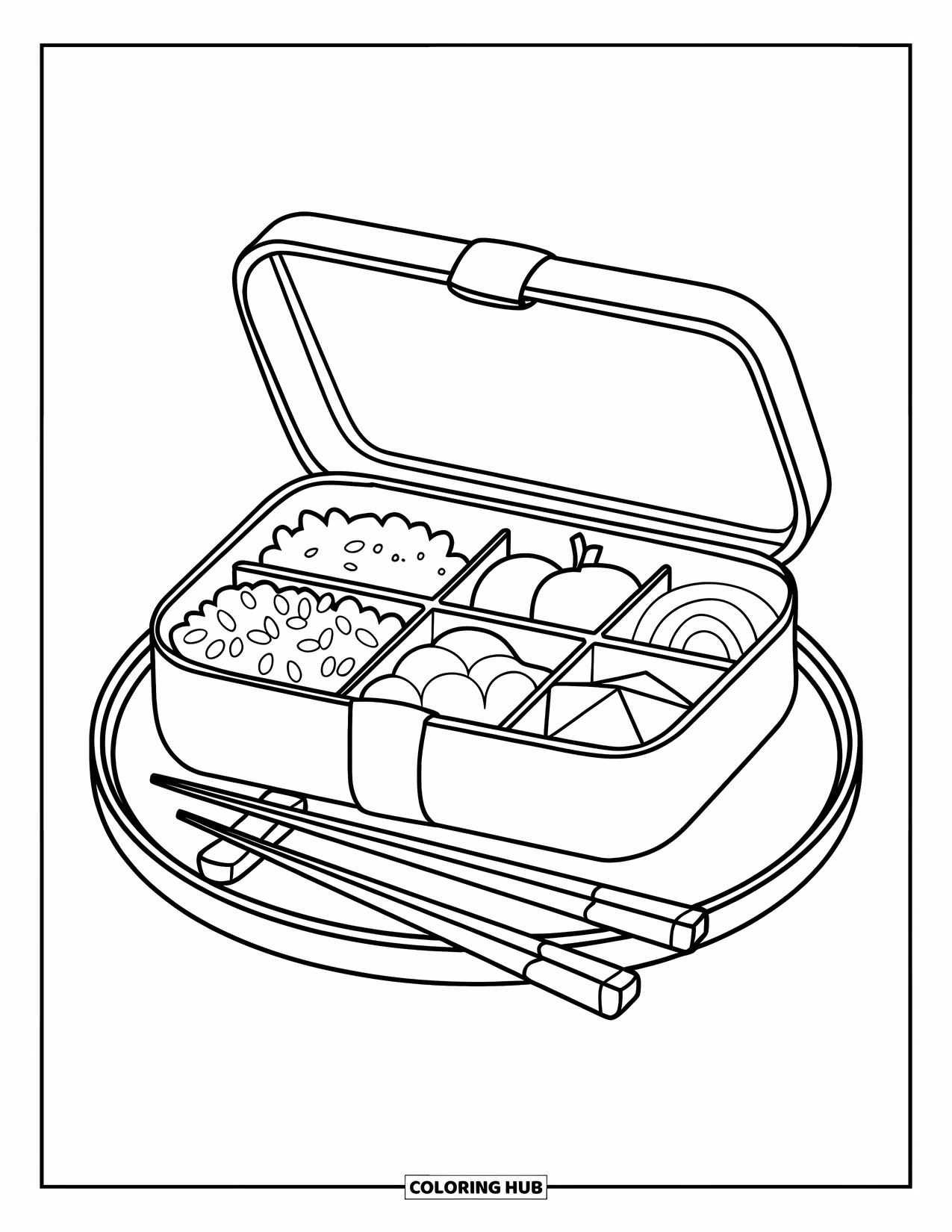 Letter B Coloring Page for Kids: Neat bento box on a wooden plate with chopsticks beside it