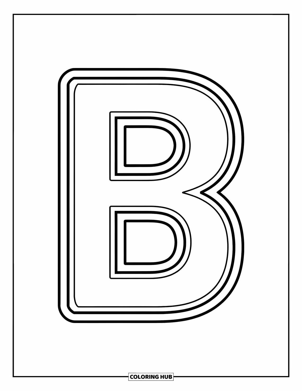 Letter B Coloring Page for Kids: Playful uppercase B in thick lines, sitting happily on the page