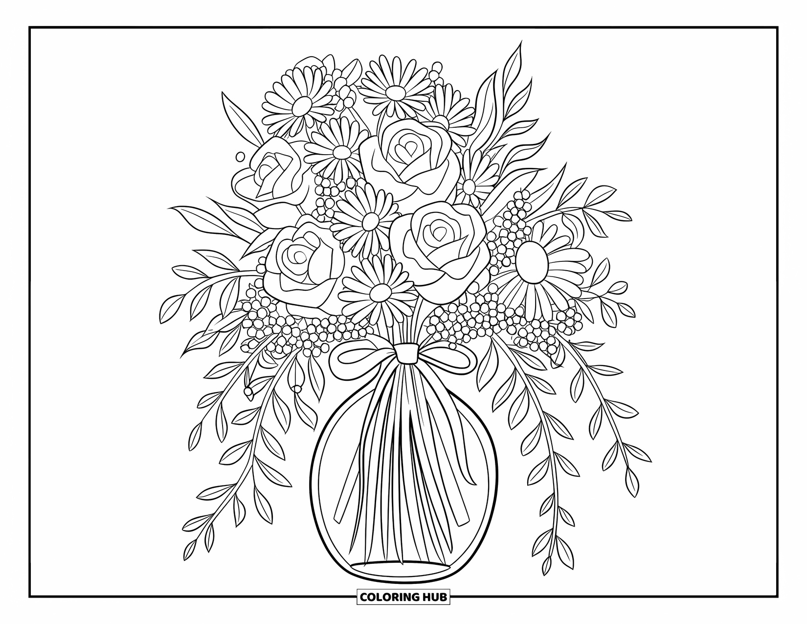 Letter B Coloring Page for Kids: Roses and daisies tied with ribbon in a vase